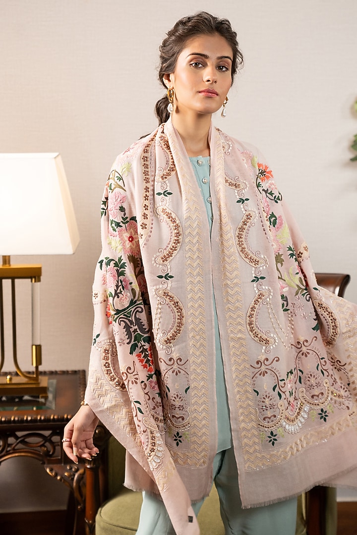 Pink Cashmere Embroidered Stole by Mauli Cashmere at Pernia's Pop Up Shop