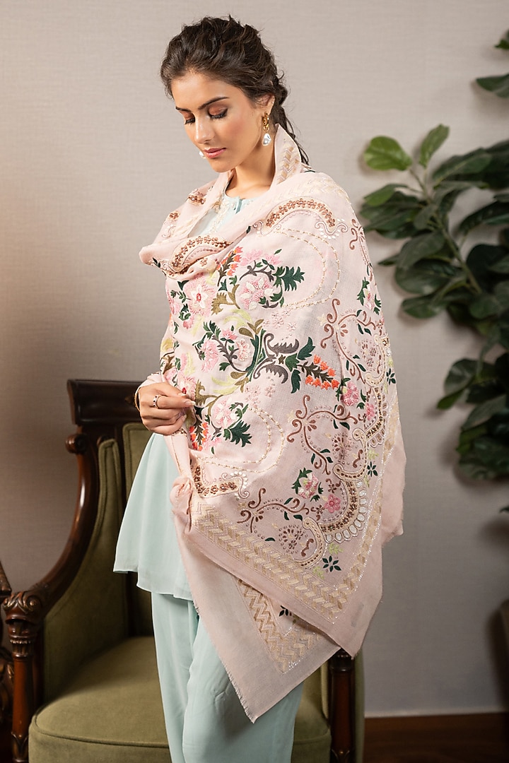 Pink Cashmere Embroidered Stole by Mauli Cashmere at Pernia's Pop Up Shop