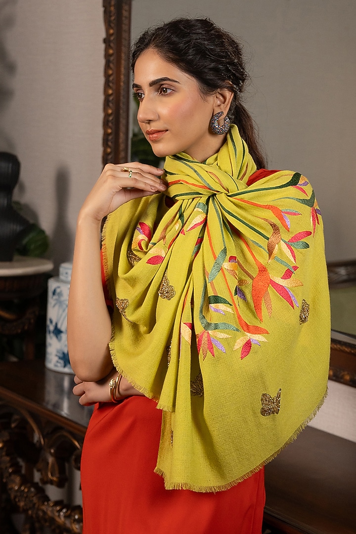 Yellow Wool Silk Embroidered Stole by Mauli Cashmere at Pernia's Pop Up Shop
