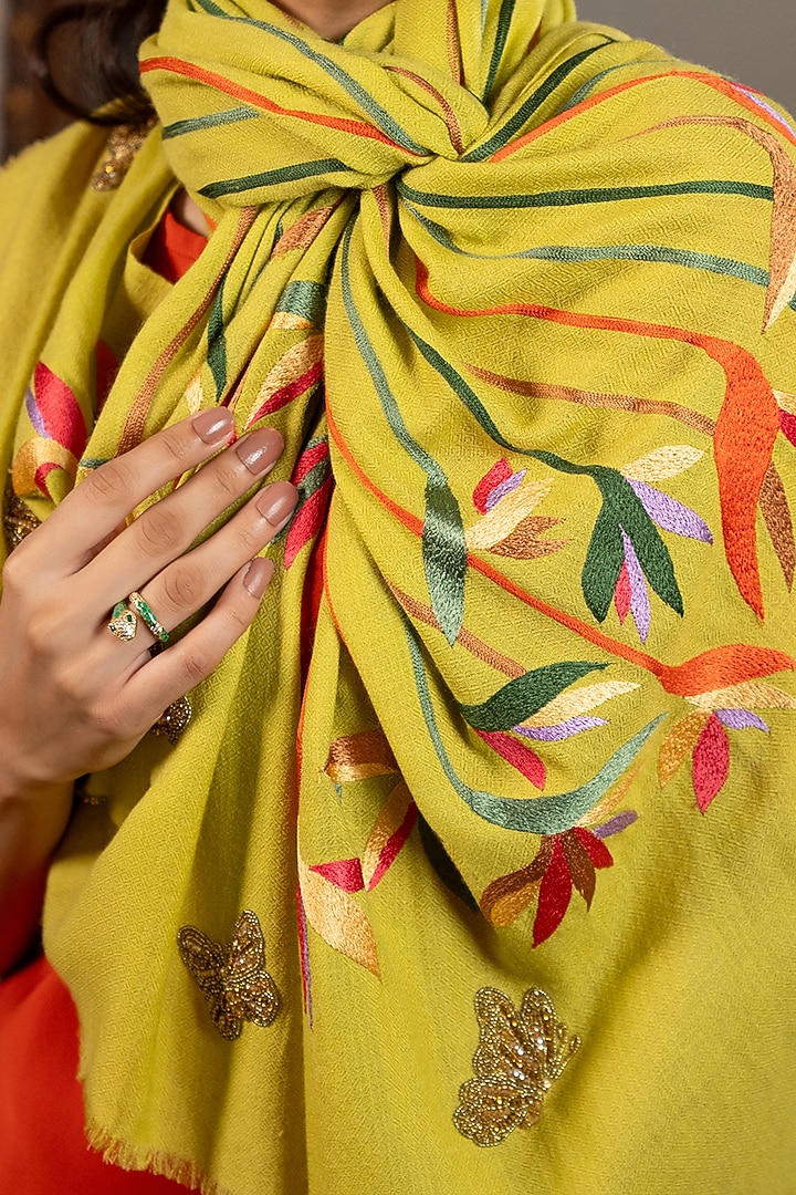 Yellow Wool Silk Embroidered Stole by Mauli Cashmere at Pernia's Pop Up Shop