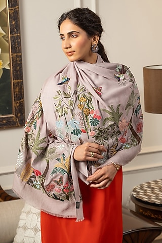 Lavender Silk Hand Embroidered Handcrafted Stole by Mauli Cashmere