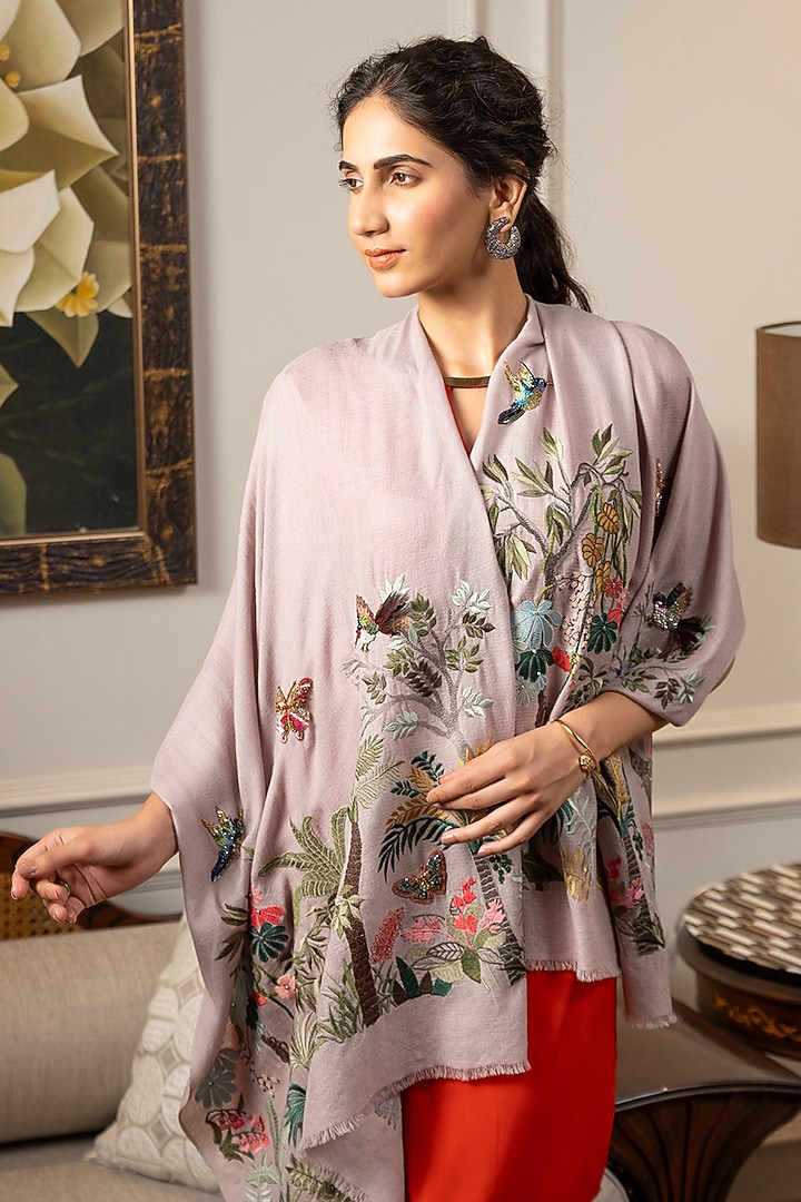 Lavender Silk Hand Embroidered Handcrafted Stole by Mauli Cashmere at Pernia's Pop Up Shop