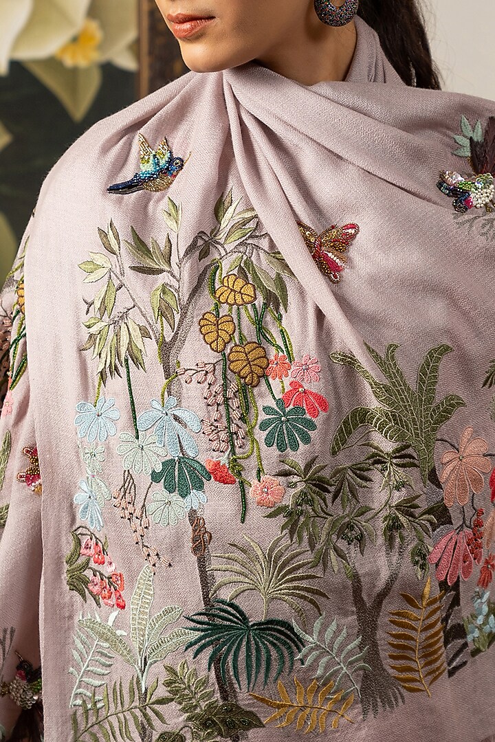 Lavender Silk Hand Embroidered Handcrafted Stole by Mauli Cashmere at Pernia's Pop Up Shop
