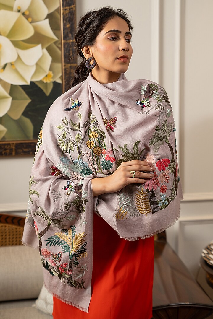 Lavender Silk Hand Embroidered Handcrafted Stole by Mauli Cashmere at Pernia's Pop Up Shop