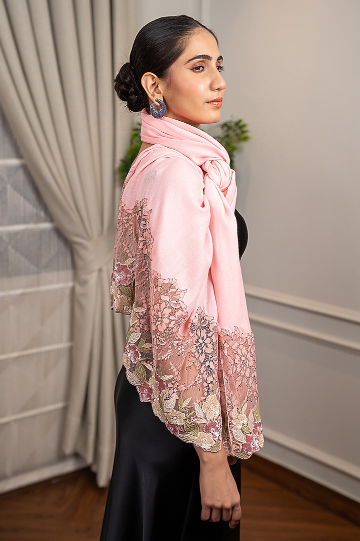 Pink Wool Silk Embroidered Stole by Mauli Cashmere at Pernia's Pop Up Shop