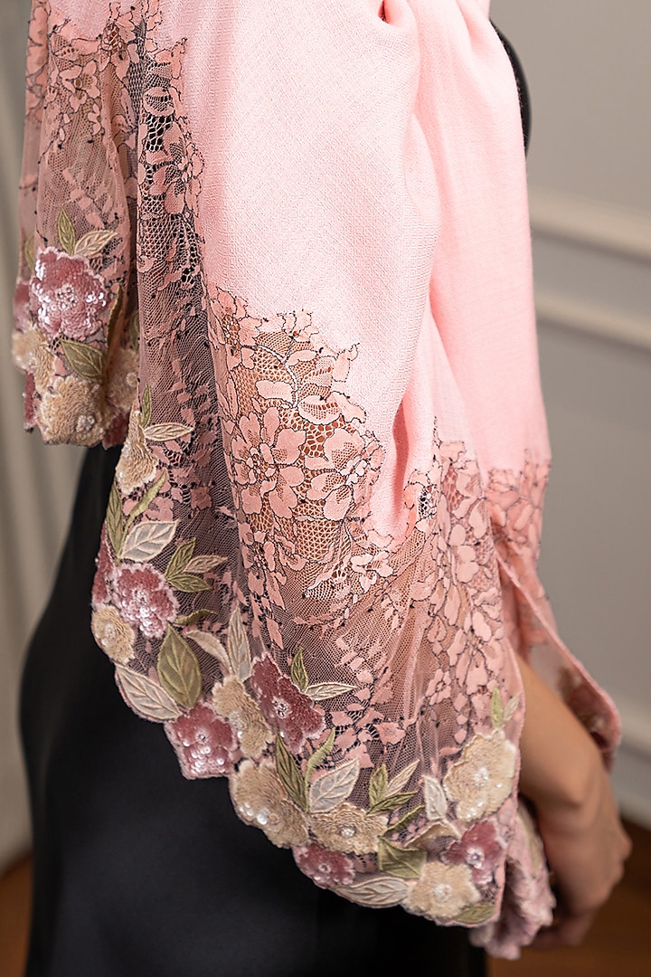 Pink Wool Silk Embroidered Stole by Mauli Cashmere at Pernia's Pop Up Shop