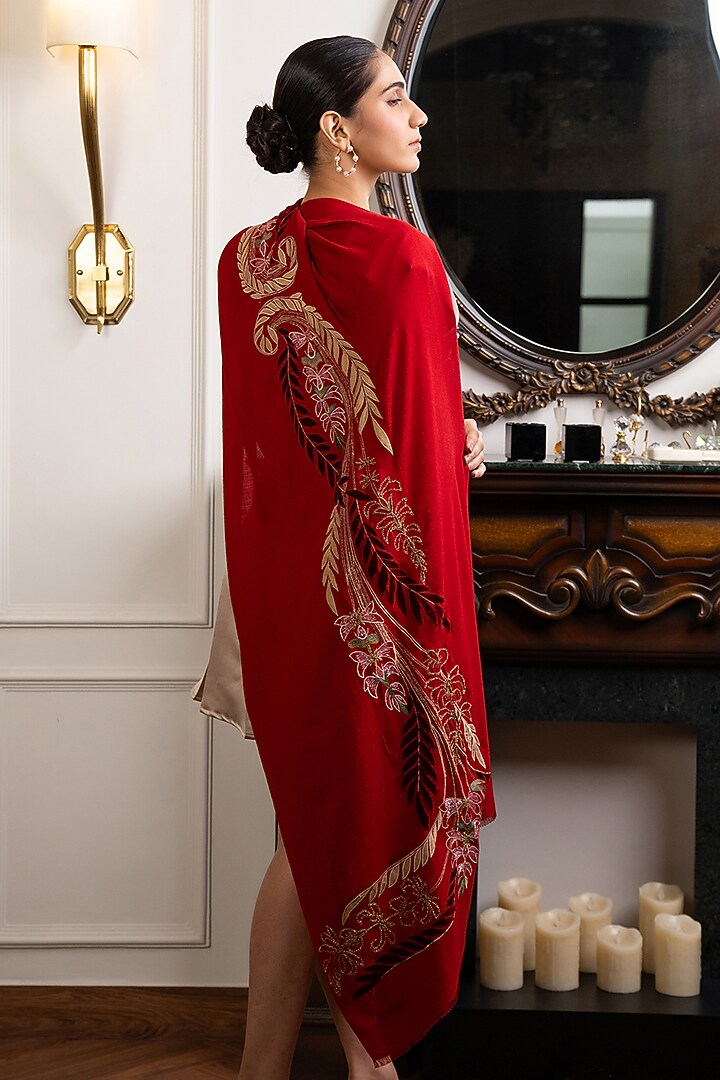 Maroon Wool Silk Embroidered Stole by Mauli Cashmere at Pernia's Pop Up Shop