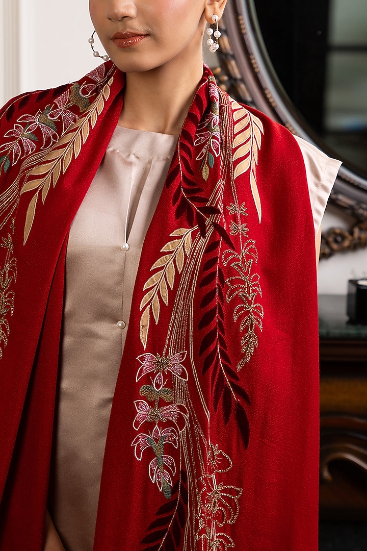 Maroon Wool Silk Embroidered Stole by Mauli Cashmere at Pernia's Pop Up Shop