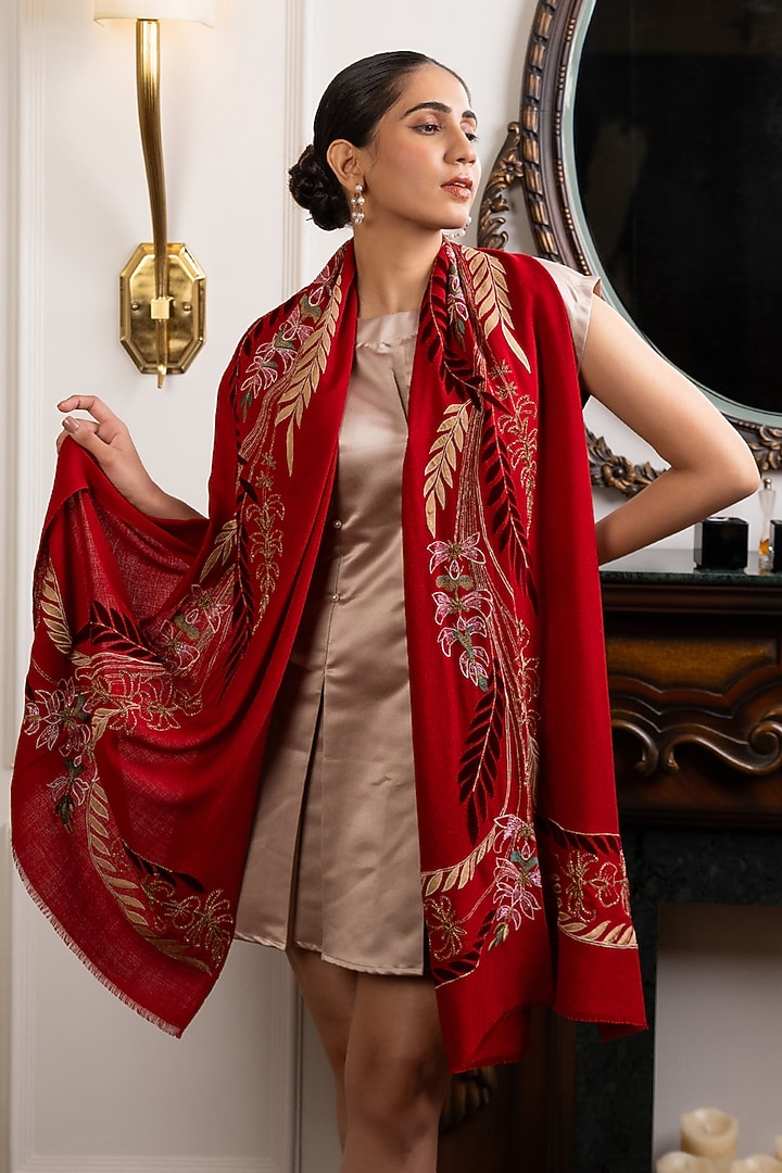 Maroon Wool Silk Embroidered Stole by Mauli Cashmere at Pernia's Pop Up Shop