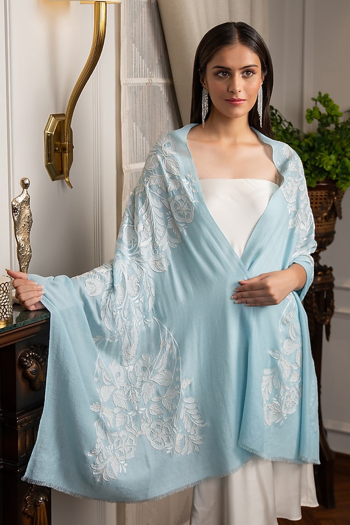 Blue Wool Silk Embroidered Stole by Mauli Cashmere at Pernia's Pop Up Shop