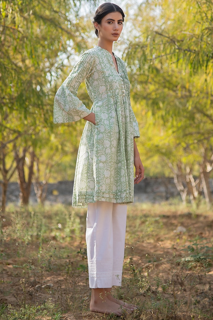 Mint Green Floral Block Printed Tunic by Marche