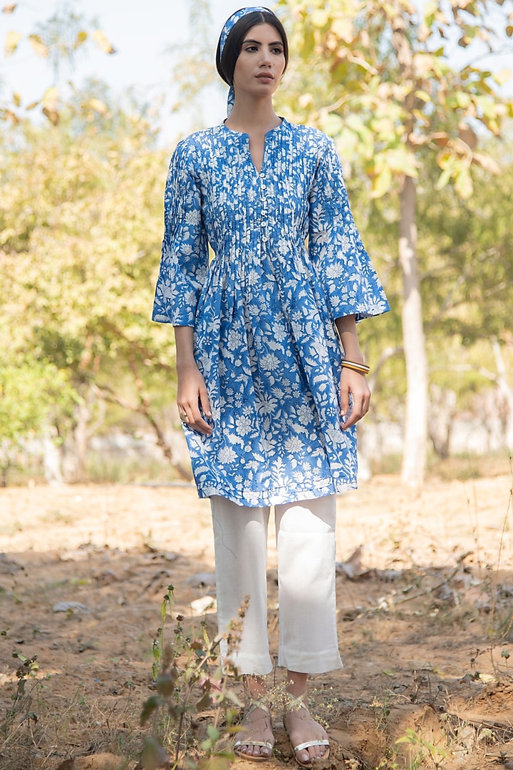 Cool Blue Floral Block Printed Tunic by Marche