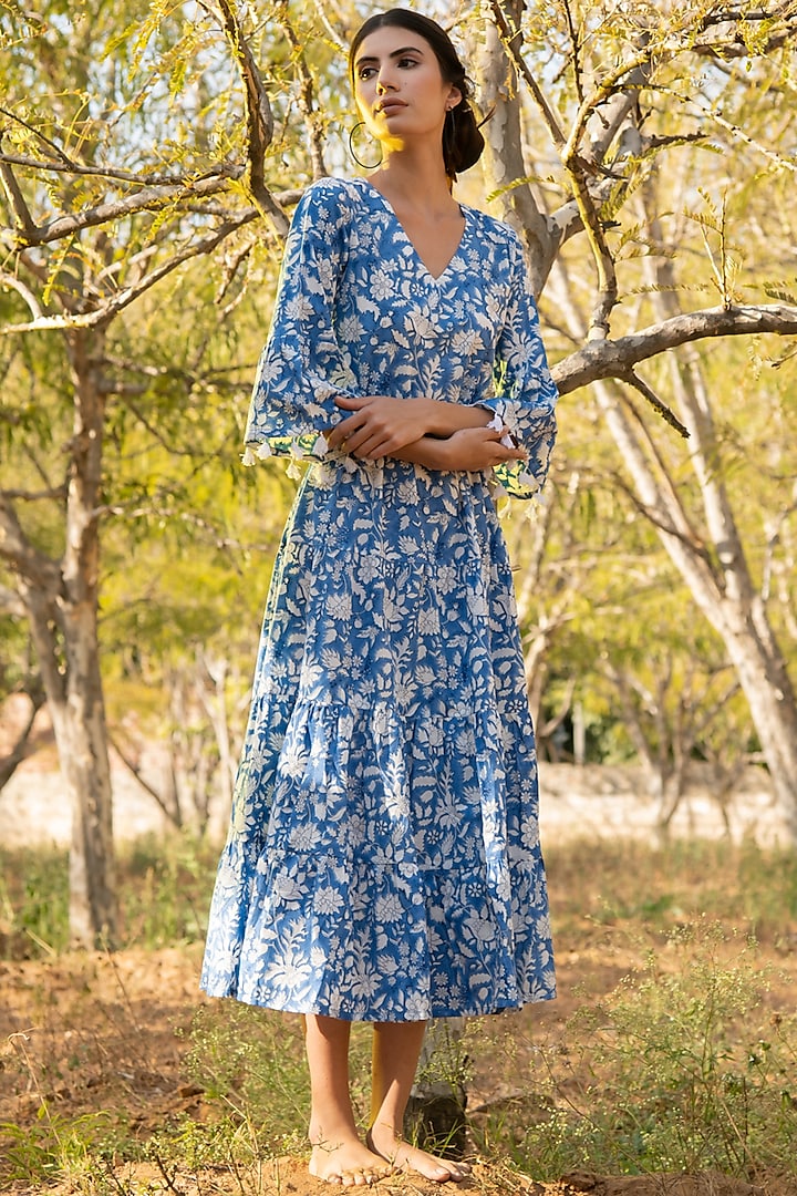 Blue & White Block Printed Dress by Marche