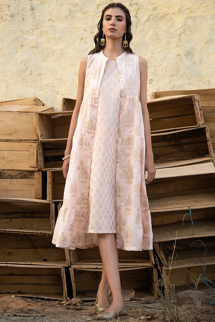 Peach Block Printed Midi Summer Dress by Marche at Pernia's Pop Up Shop