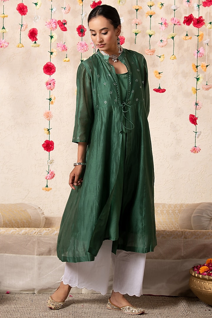 Emerald Green Chanderi Embellished Cape Set by Marche