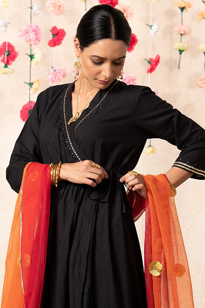 Black Cotton Embellished Angrakha Kurta Set by Marche at Pernia's Pop Up Shop