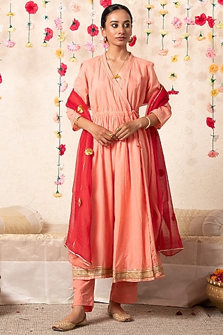 Peach Cotton Embellished Angrakha Kurta Set by Marche
