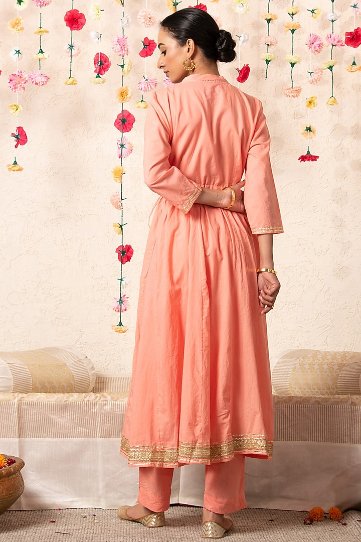 Peach Cotton Embellished Angrakha Kurta Set by Marche at Pernia's Pop Up Shop