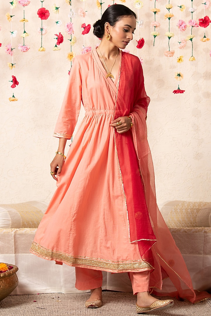 Peach Cotton Embellished Angrakha Kurta Set by Marche at Pernia's Pop Up Shop