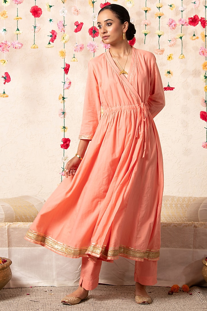 Peach Cotton Embellished Angrakha Kurta Set by Marche at Pernia's Pop Up Shop