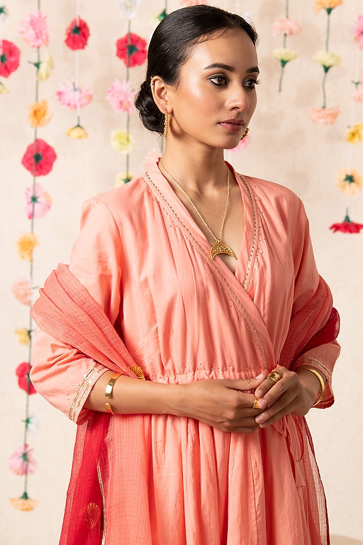 Peach Cotton Embellished Angrakha Kurta Set by Marche at Pernia's Pop Up Shop