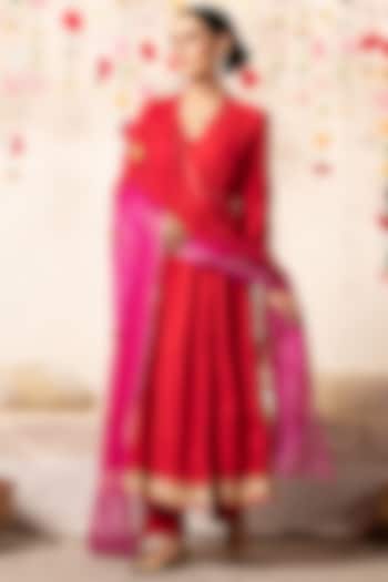 Red Cotton Embellished Angrakha Kurta Set by Marche at Pernia's Pop Up Shop