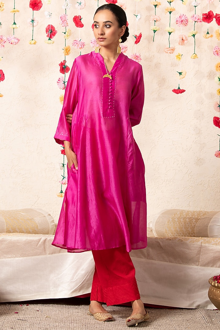 Magenta Chanderi Embellished A-Line Kurta Set by Marche at Pernia's Pop Up Shop