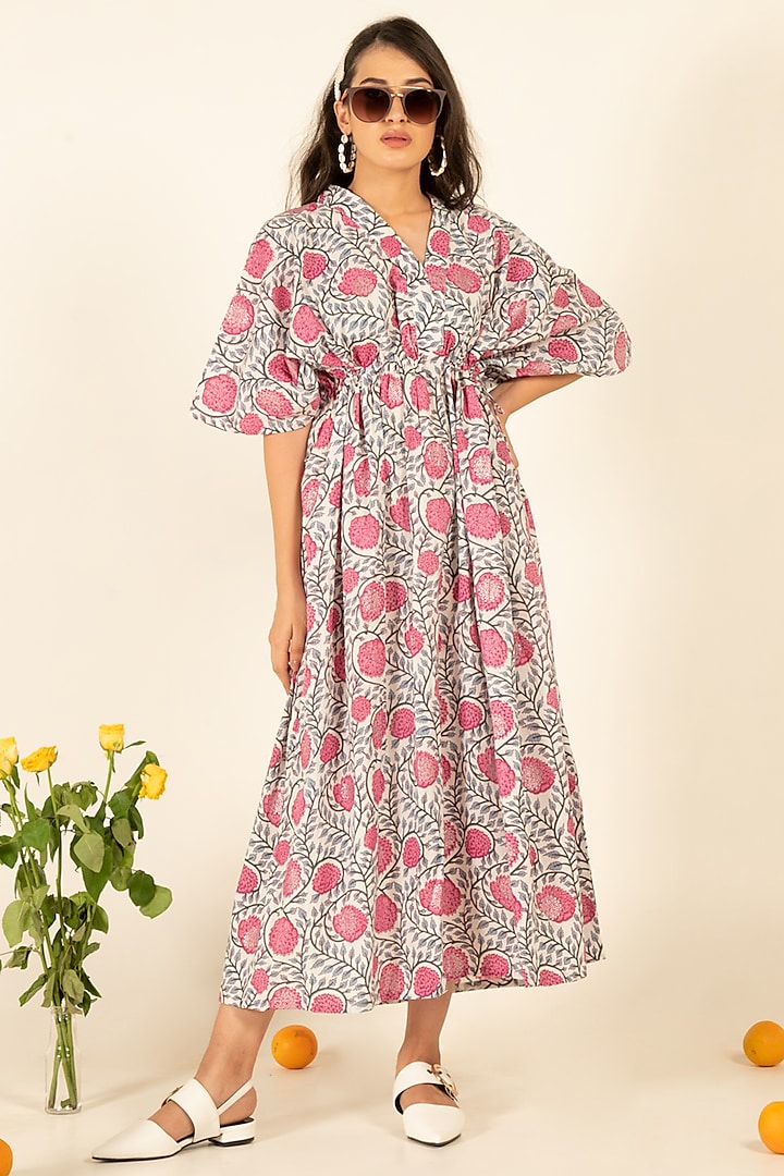 White & Pink Printed Kaftan Dress by Marche