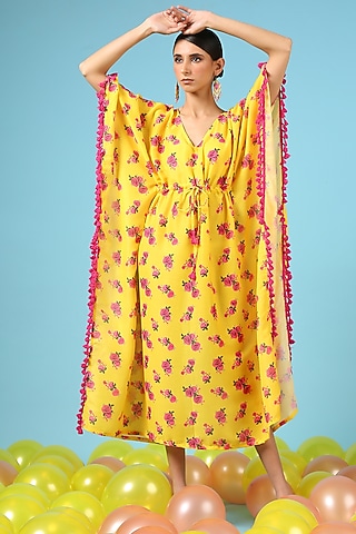 Yellow Cotton Silk Printed Kaftan by Marche