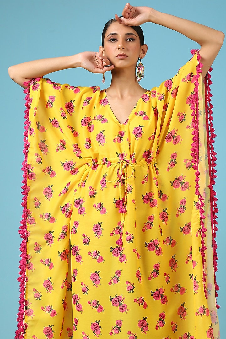 Yellow Cotton Silk Printed Kaftan by Marche at Pernia's Pop Up Shop