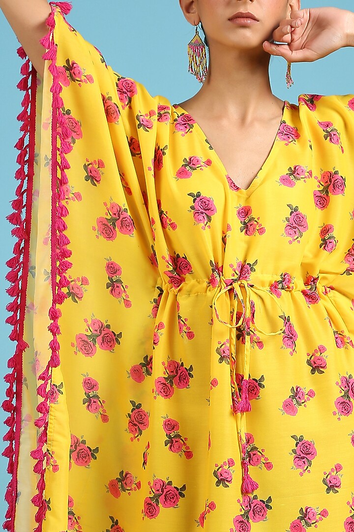 Yellow Cotton Silk Printed Kaftan by Marche at Pernia's Pop Up Shop