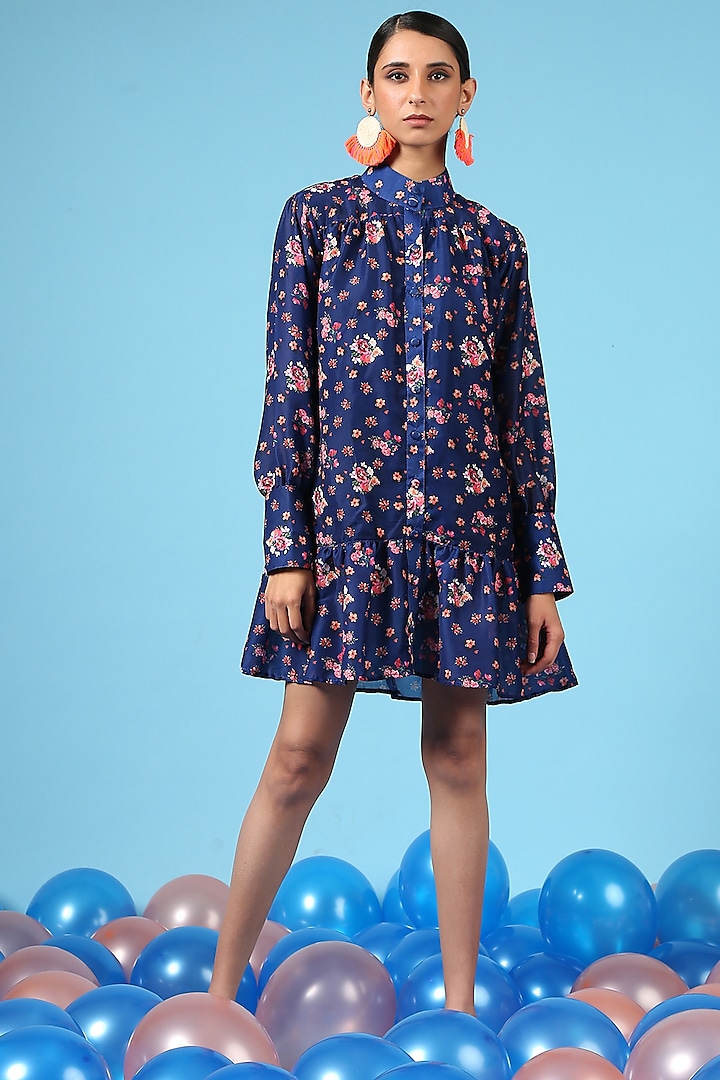 Blue Cotton Silk Digital Floral Printed Shirt Dress by Marche