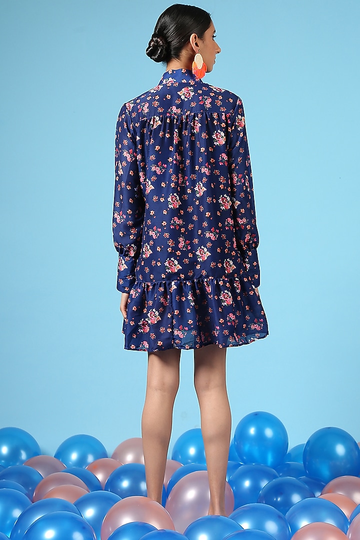 Blue Cotton Silk Digital Floral Printed Summer Shirt Dress by Marche at Pernia's Pop Up Shop