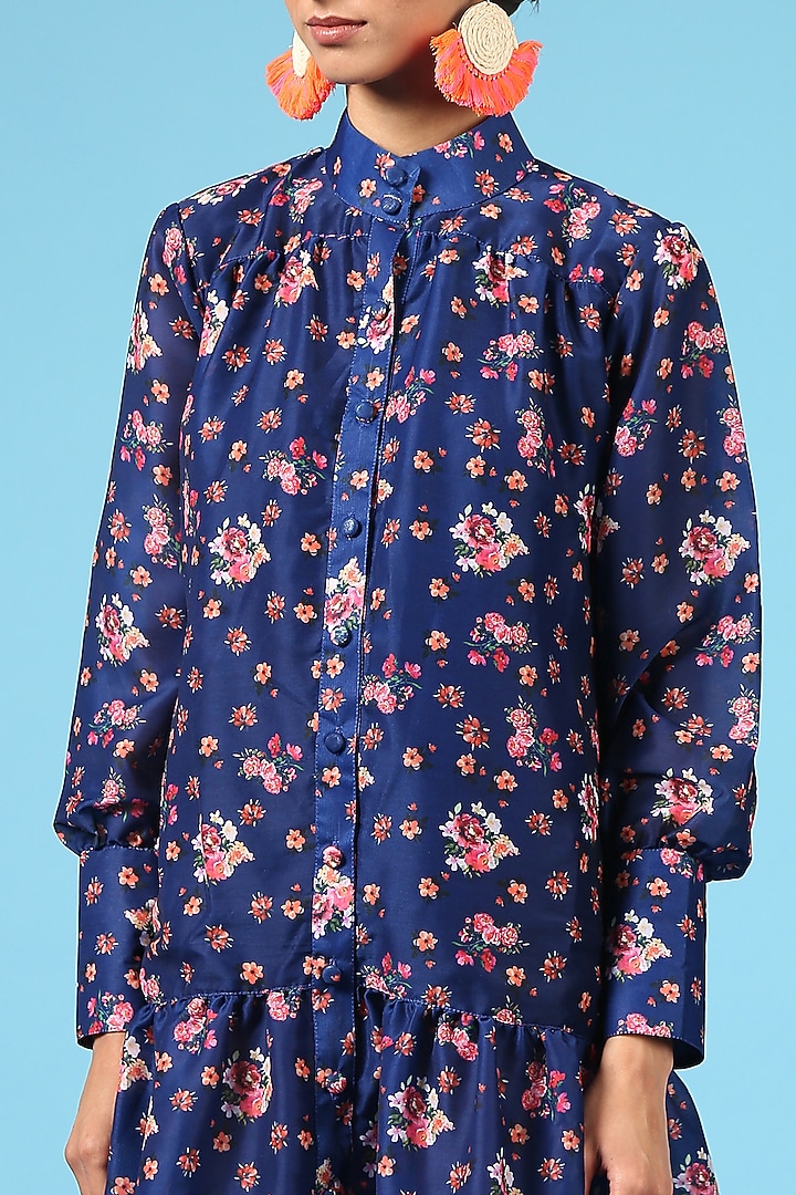 Blue Cotton Silk Digital Floral Printed Summer Shirt Dress by Marche at Pernia's Pop Up Shop