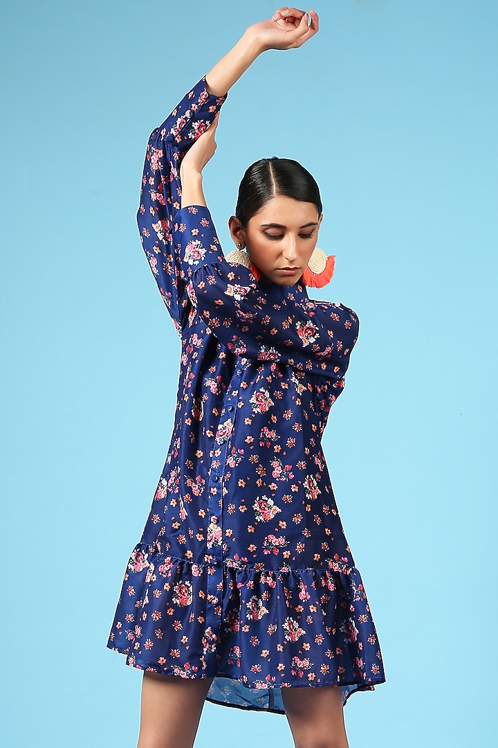 Blue Cotton Silk Digital Floral Printed Summer Shirt Dress by Marche at Pernia's Pop Up Shop