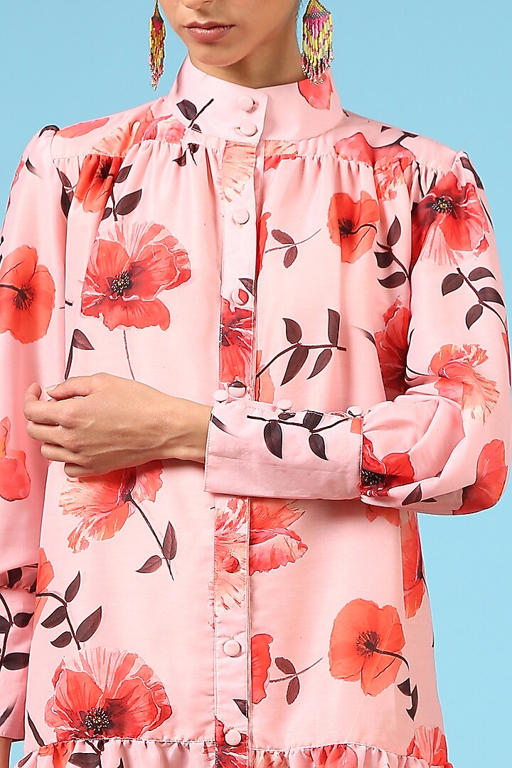 Peach Cotton Silk Digital Floral Printed Summer Shirt Dress by Marche at Pernia's Pop Up Shop