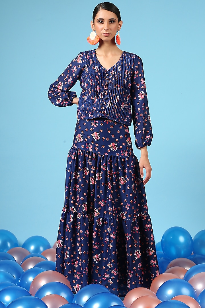 Blue Cotton Silk Printed Tiered Skirt Set by Marche
