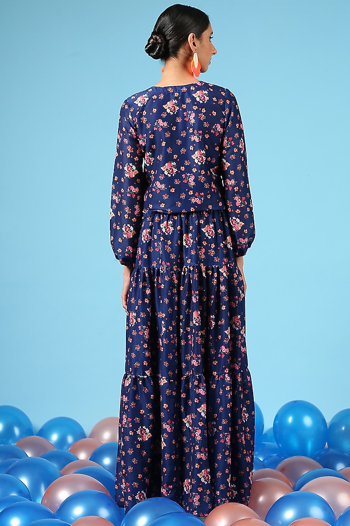 Blue Cotton Silk Printed Tiered Skirt Set by Marche at Pernia's Pop Up Shop