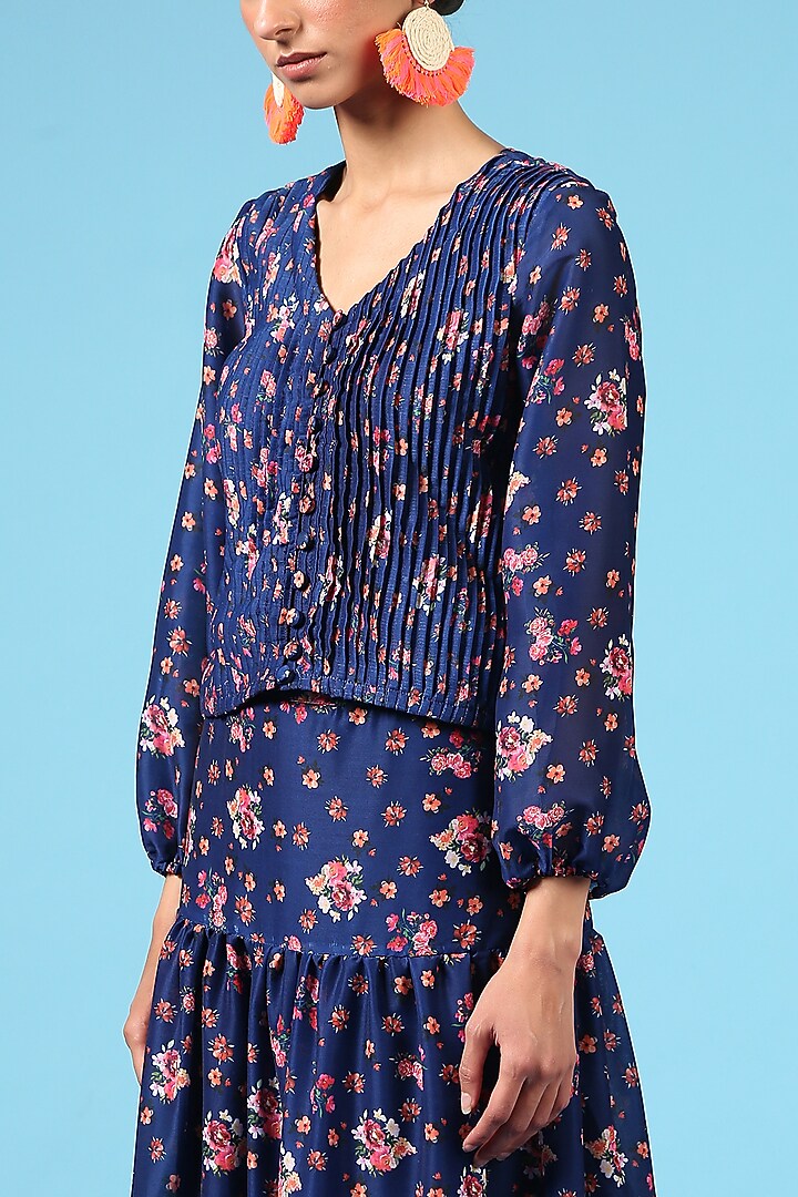 Blue Cotton Silk Printed Tiered Skirt Set by Marche at Pernia's Pop Up Shop