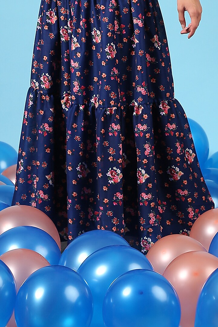 Blue Cotton Silk Printed Tiered Skirt Set by Marche at Pernia's Pop Up Shop