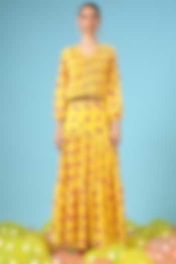 Yellow Cotton Silk Printed Skirt Set by Marche