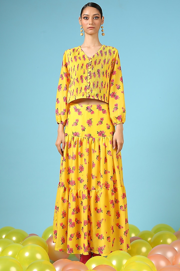 Yellow Cotton Silk Printed Skirt Set by Marche