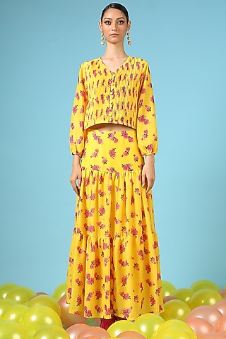 Yellow Cotton Silk Printed Skirt Set by Marche