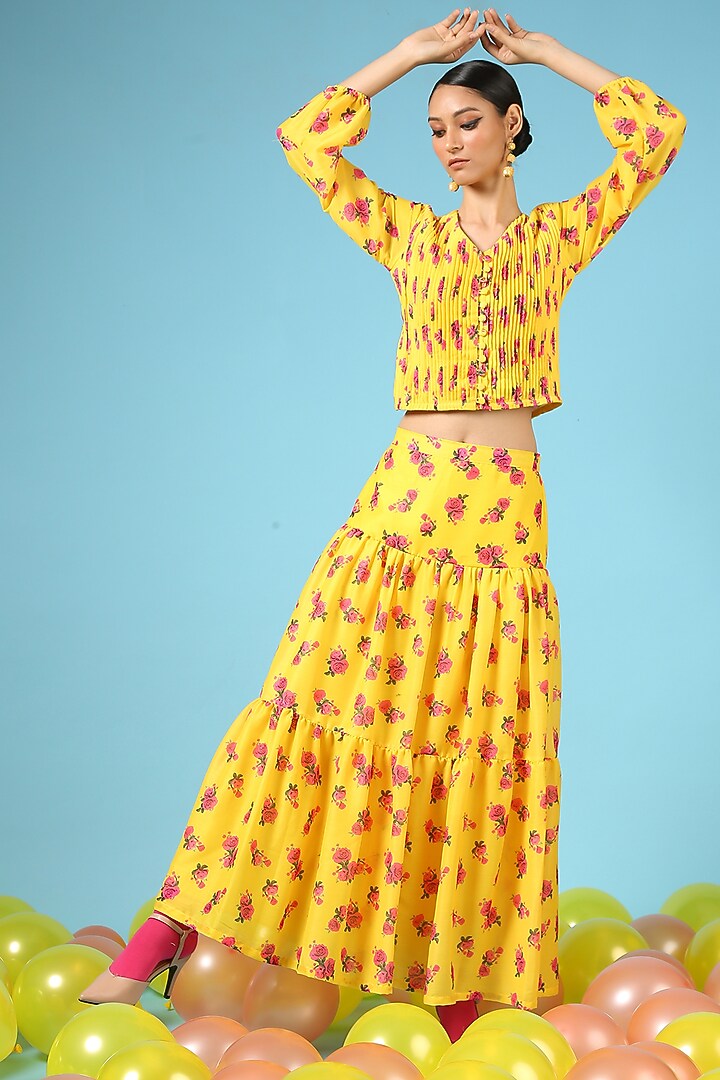 Yellow Cotton Silk Printed Skirt Set by Marche at Pernia's Pop Up Shop
