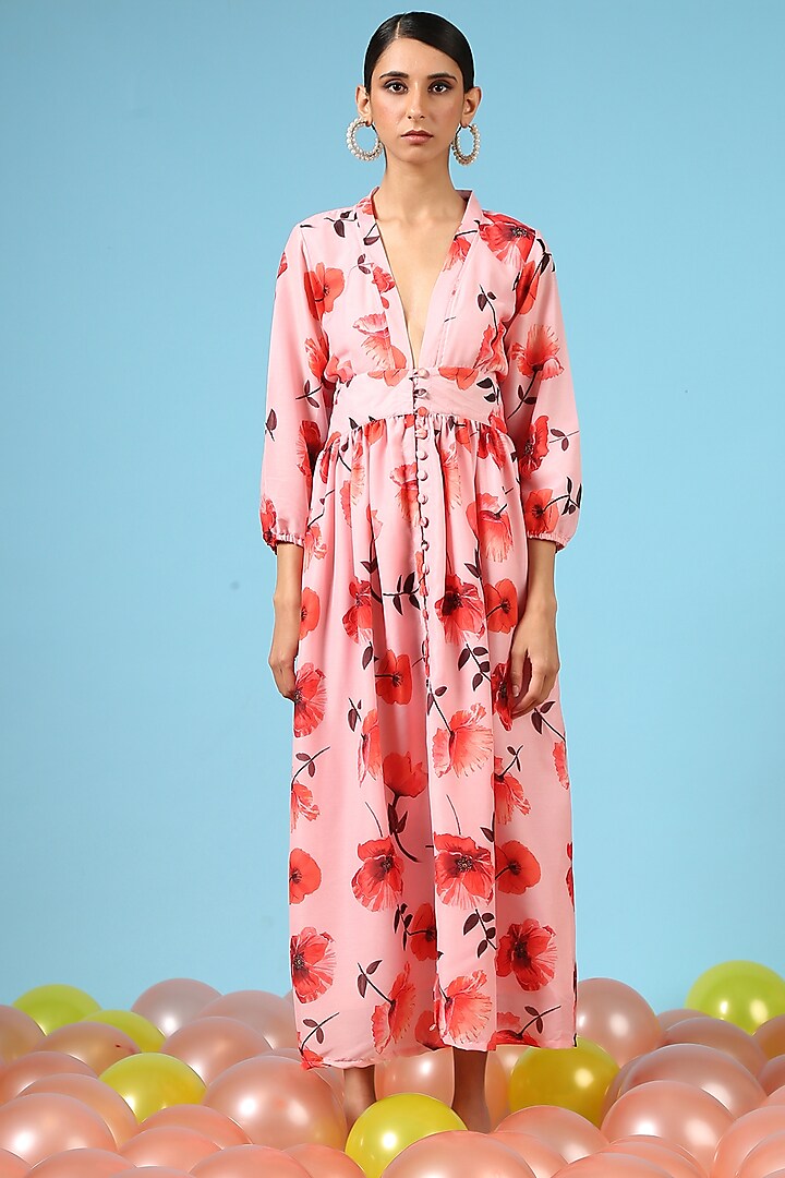 Red Cotton Silk Floral Printed Maxi Dress by Marche