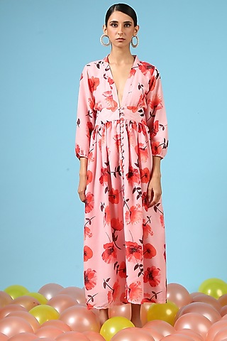 Red Cotton Silk Floral Printed Maxi Dress by Marche
