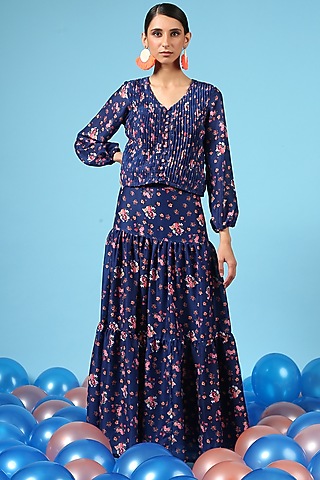 Blue Cotton Silk Tiered Skirt by Marche