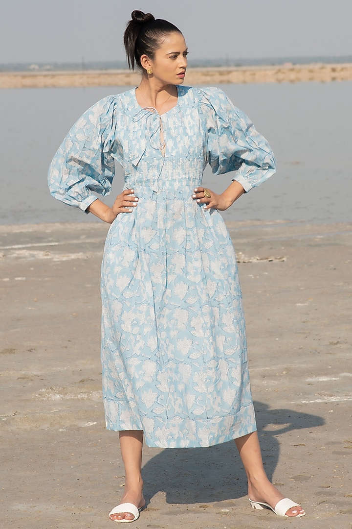 Blue Cotton Printed Gathered Dress by Marche