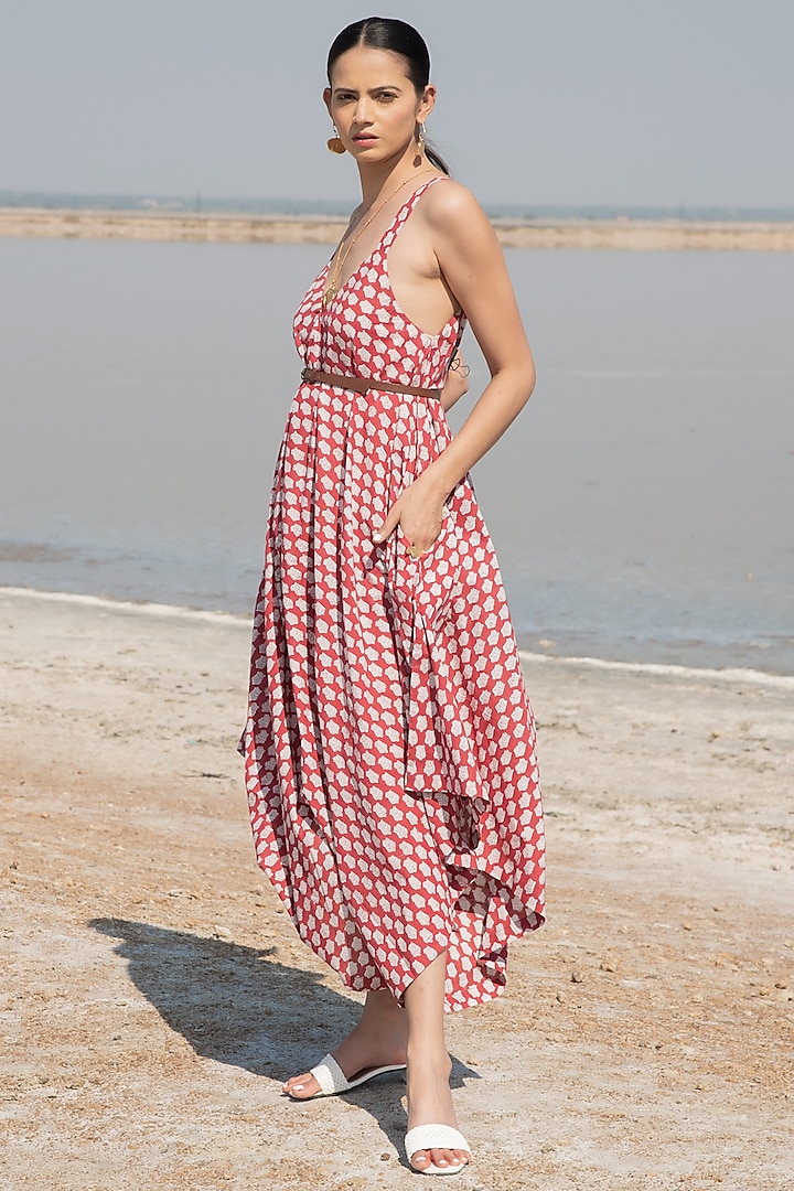Red Printed Draped Jumpsuit by Marche