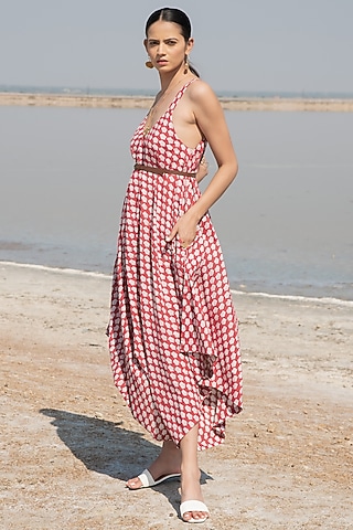 Red Printed Draped Jumpsuit by Marche